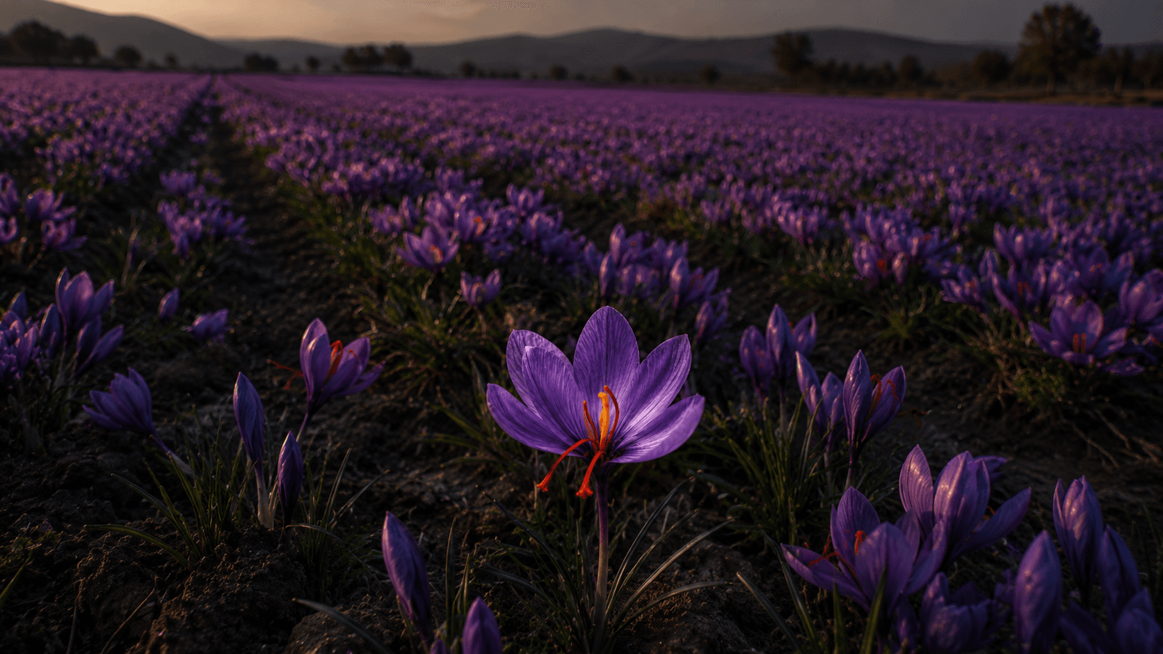 Saffron crocus field at dusk